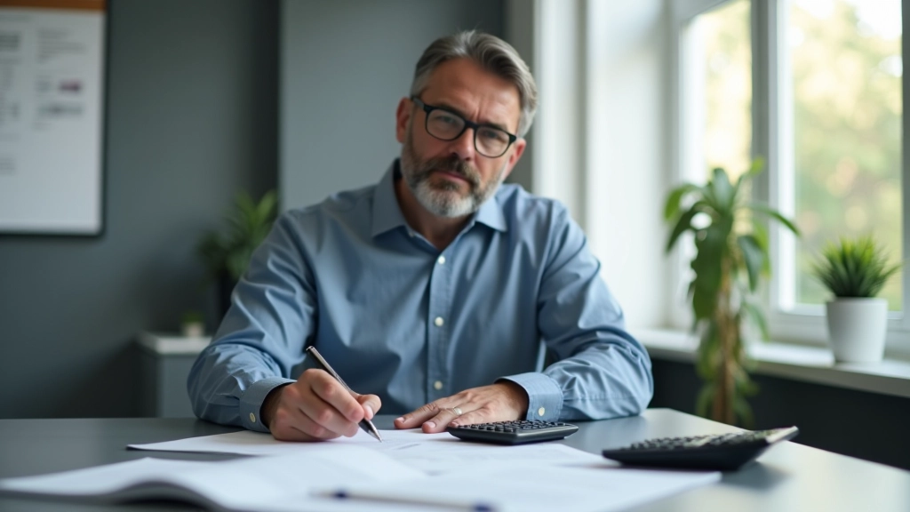 Thierry Marchand travaillant à son bureau dans un environnement de bureau moderne avec documents financiers et calculs automobile
