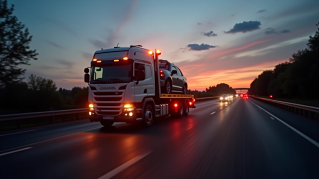 Dépanneuse remorquant un véhicule sur route de nuit